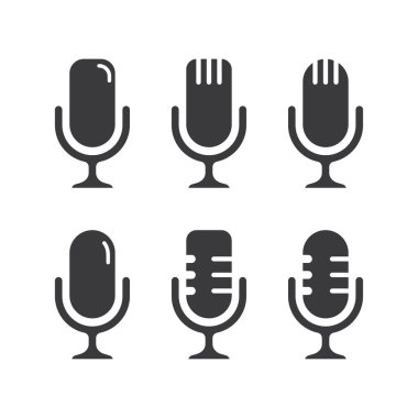 Mikrofon podcast simgesi beyaz arkaplanda izole edilmiş vektör illüstrasyonunu ayarladı.