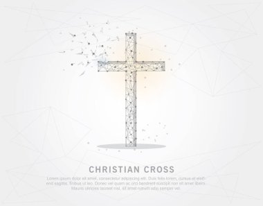 Hıristiyan çapraz soyut kafes çizgisinin ve kompozisyon dijital olarak yıldızlı gökyüzü veya alan kırık şeklinde bir bölümü üçgen şekil ve dağınık nokta düşük poli tel çerçeve çizilmiş.