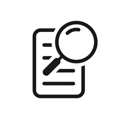 Kağıt not simgesine sahip büyüteç beyaz arkaplanda izole edilmiş düz tasarım vektör çizimi.