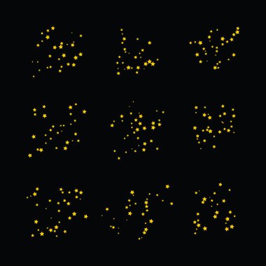 Gökyüzündeki altın dağılmış yıldızlar simge düz tasarım vektör illüstrasyonunu siyah arkaplana yaydılar.