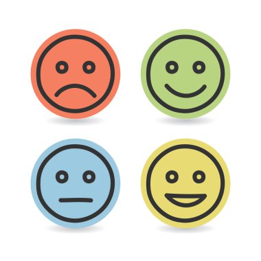 Beyaz arkaplanda farklı renk izole edilmiş düz tasarım vektör illüstrasyonuna sahip renkli yüz çizgi film jest simgesi.