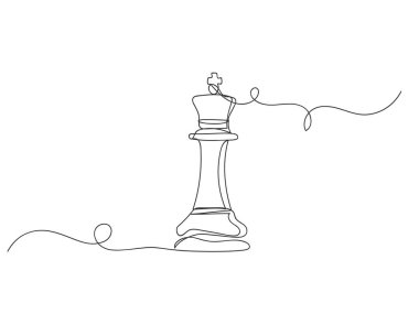 Satranç kralının aralıksız tek satır çizimi beyaz arka planda basit izole vektör çizimi.
