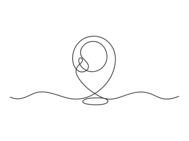 Konum iğnesi veya coğrafi harita iğnesi beyaz arkaplan üzerinde sürekli çizim vektör illüstrasyonunu imzalayın.