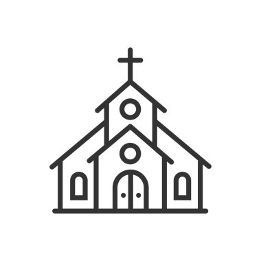 Beyaz arkaplanda kilise binası simgesi izole edilmiş düz tasarım vektör çizimi.