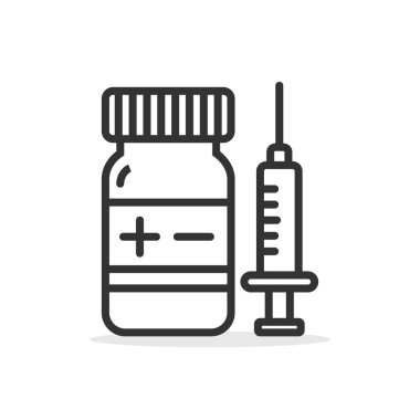 İlaç şişesi ikonu ile şırınga enjeksiyonu beyaz arka planda izole vektör çizimi