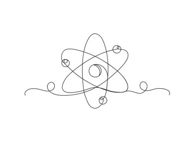 Atom veya proton çekirdeği çizen sürekli bir çizgi beyaz arkaplanda izole edilmiş vektör çizimi sembolü.