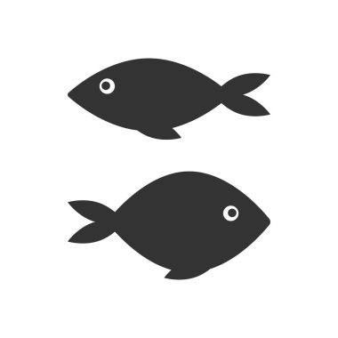 Beyaz arka planda balık simgesi, deniz ürünleri veya çiftlik hayvanı izole edilmiş düz tasarım vektör çizimi.