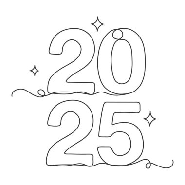 Metin 2025 beyaz arkaplan üzerinde tek satır aralıksız resim çizimi.