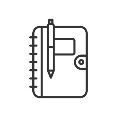 Beyaz arkaplanda izole edilmiş kalem simgesi içeren not defteri.