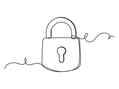 Beyaz arkaplanda sürekli bir çizgi şeklindeki asma kilit simgesi izole edilmiş vektör çizimi.