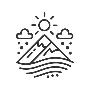 Beyaz arkaplanda güneş ve bulut ikonu izole edilmiş vektör illüstrasyonlu ana hat dağı.