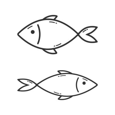Beyaz arkaplan üzerindeki ana hatlar balık simgesi izole edilmiş düz biçim vektör çizimi.