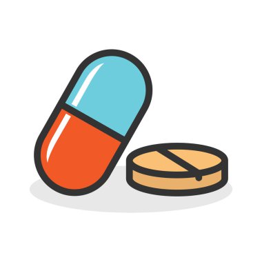 Renkli hap ve tablet simgesi şeffaf arkaplanda izole edilmiş düz tasarım vektör çizimi.