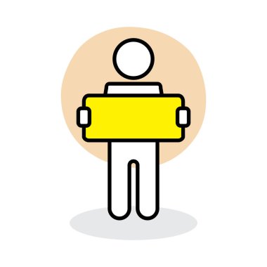 Sarı dikdörtgen tabela taşıyan adam karakteri beyaz arkaplanda izole edilmiş düz tasarım vektör çizimi.