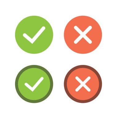 Beyaz arkaplanda yeşil ve kırmızı yuvarlak kontrol işaretleri ve çapraz işaret vektör çizelgeleri kümesi.