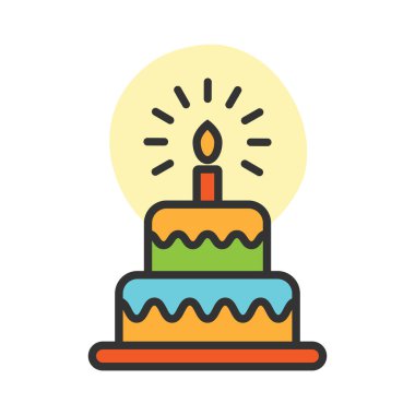 Mum simgesi şekilli renkli doğum günü pastası beyaz arkaplanda izole edilmiş düz stil vektör çizimi.
