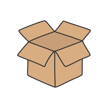 Kahverengi el çizimi kutu açık simge basit siluet düz biçim vektör çizimi beyaz arkaplan üzerinde.