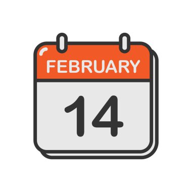 14 Şubat, takvim beyaz zemin üzerinde kalp ikonu izole vektör illüstrasyonu.
