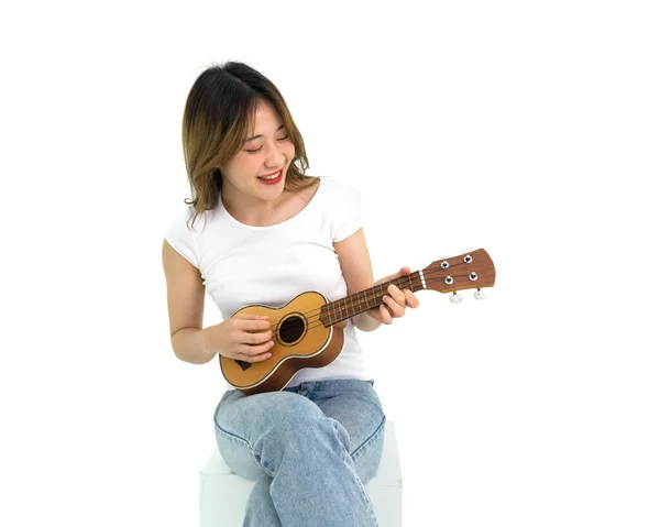 Young Asian Woman White Shirt Jean Playing Ukulele Guitar Portrait — Foto de Stock