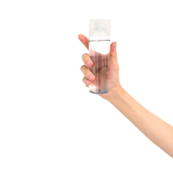 Closeup Mão Mulher Segurar Recipiente Cosmético Branco Com Tampa Plástico — Fotografia de Stock