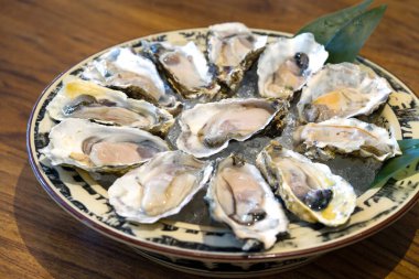 Kırsal bir kasede ezilmiş buzun üzerinde duran taze istiridye bolluğu. Kase ahşap masanın ortasına yerleştirildi..