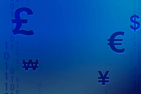 Various currency symbols displayed on a vibrant blue background. The symbols represent different global currencies such as the US dollar, Euro, British pound, Japanese yen, and many others.