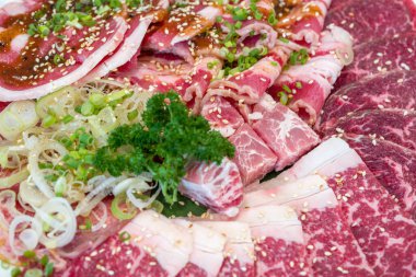 Lezzetli yemekler. Ağız sulandıran yemek zevklerini keşfedin. Bir tabak mükemmel çiğ et ve nefis bir şekilde hazırlanmış sebze çeşitleri..