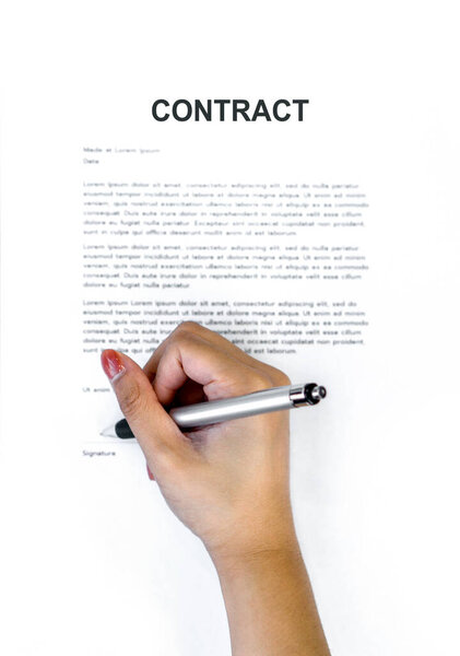 Una Mano Mujer Cerca Sosteniendo Bolígrafo Firmando Nombre Documento Contrato — Foto de Stock