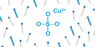 Fiş kapaklı test tüpünde bakır sülfat. Tıbbi ve kamusal sağlık sorunlarında kullanılan kimyasal madde.