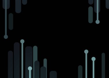 Dijital bir soyut kompozisyonda dikey çizgiler ve siyah arkaplana karşı yeşil ve mavi tonlarda daireler çizerek modern ve canlı bir atmosfer oluşturulur..