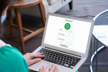 Bir bayan dizüstü bilgisayarında ödeme formunu ekranda göstermekle meşgul..