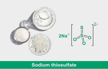 Sodyum tiyosülfat moleküler yapısı olan kimyasal saat camında. Üst Görünüm