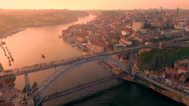 Vue Aérienne Porto Avec Pont Luis Rivière Douro Coucher Soleil — Video