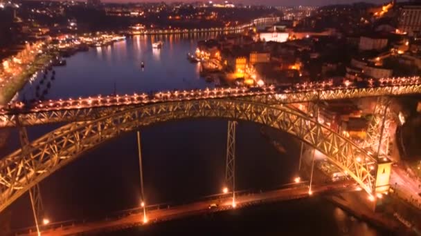 Vista Aérea Porto Com Ponte Luis Rio Douro Noite Imagens — Vídeo de Stock