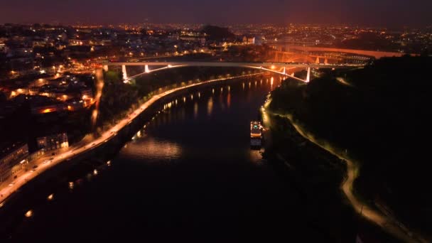 Aerial View Porto Luis Bridge Douro River Night High Quality — Stock Video