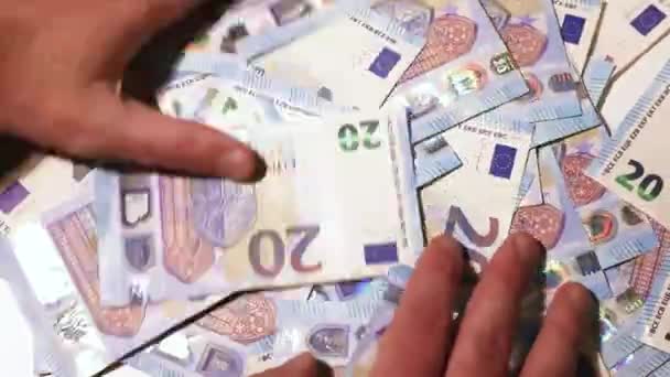Руки Перемішують Купу Грошей Білому Столі Законопроекти Становлять Євро Крупним — стокове відео