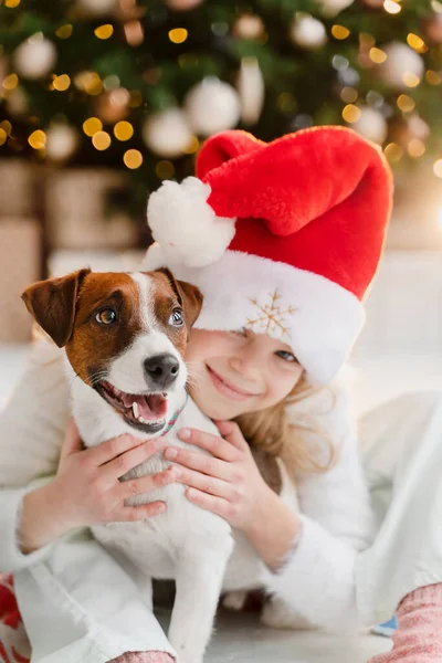 Söt Liten Flicka Njuter Julen Med Sin Hund Nära Granen — Stockfoto