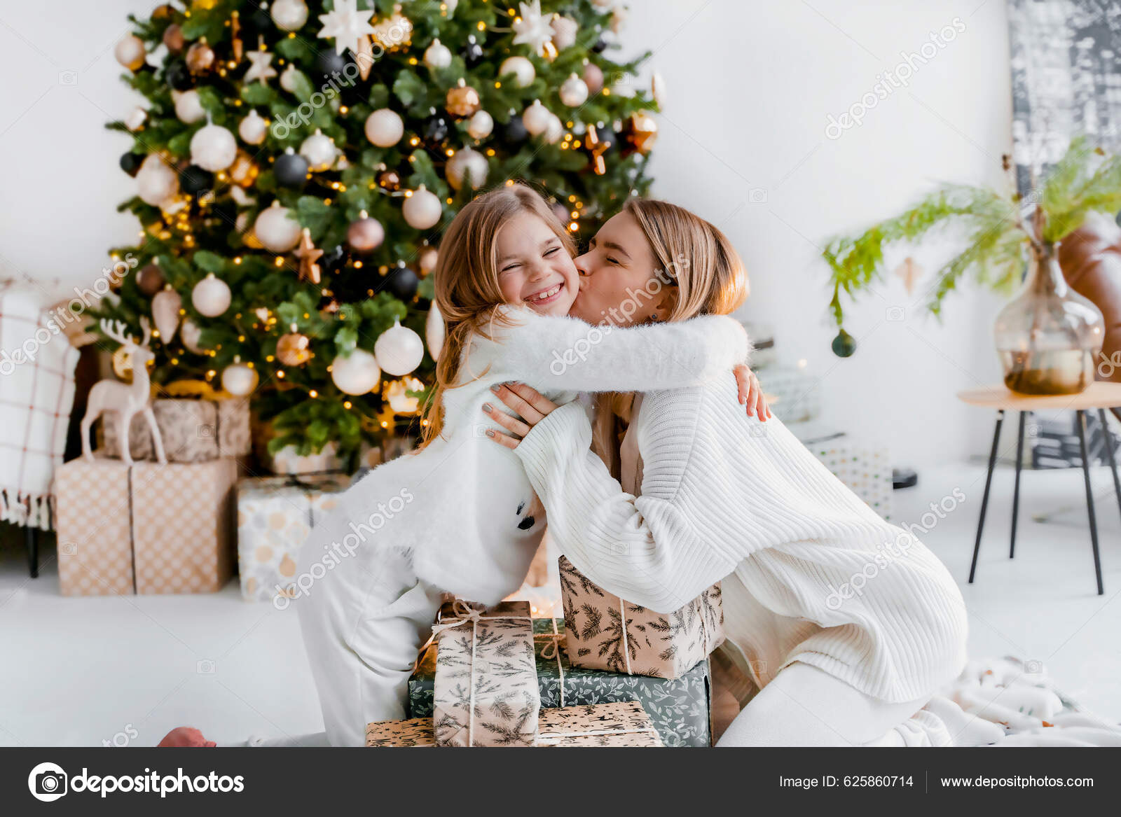 Cute Mother Daughter Hugging Christmas Gifts Next Christmas Tree