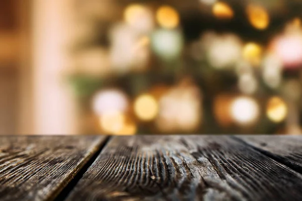 Wooden Background Christmas Lights Bokeh Interior Copy Space lizenzfreie Stockfotos