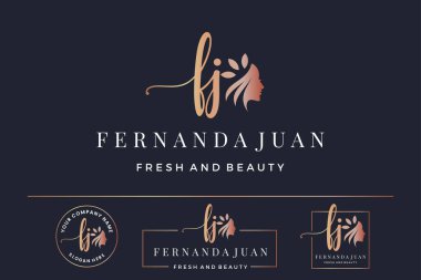 Kadın yüzü ve güzelliği için FJ F logosu, siluet vektör tasarımı koleksiyonu