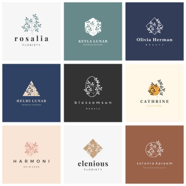 Çiçek ve Botanik Kadın Logosu koleksiyonu. Çiçekçiler için güzellik logosu şablonu, el çizimi, organik kozmetik, rozetler, amblemler, logolar, butik, spa, çiçek demeti