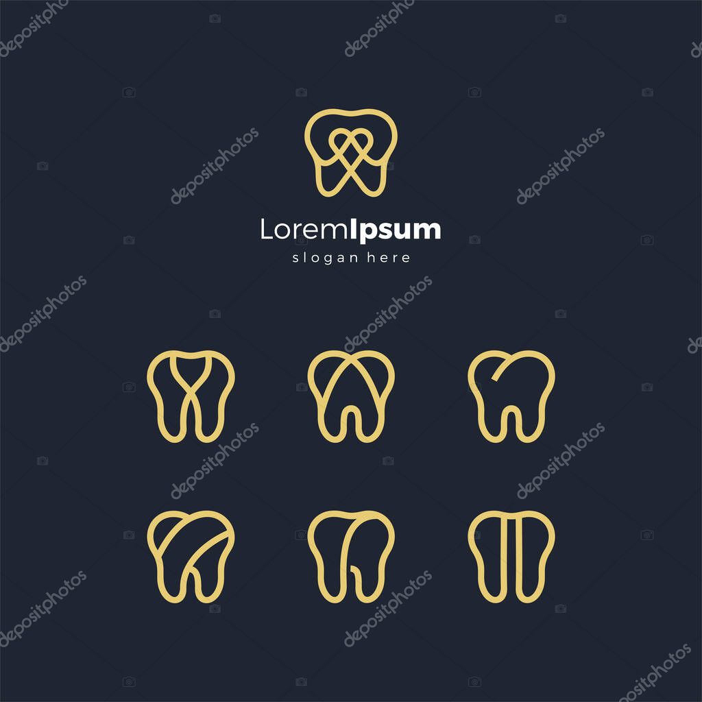 Set dental Logo on gold color. single line dentist logos Design Vector Collection. Bundle tooth icons isolated on black background