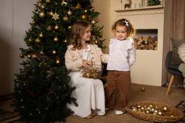 Evde Noel süsleriyle Noel ağacının yanında duran küçük kardeşler.