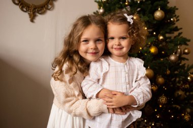 İki küçük kız kardeş içeride Noel ağacının yanında oynuyorlar. Mutlu Noeller ve mutlu tatiller.