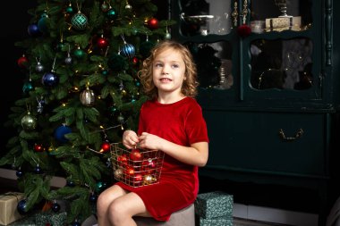 Kırmızı elbiseli küçük tatlı kız Noel ağacının yanında oturuyor..