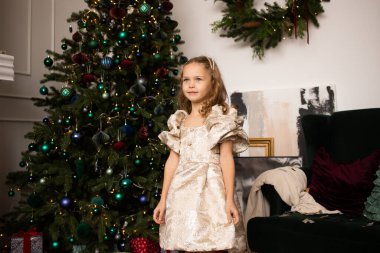 Şirin küçük kız Noel için süslenmiş ağacın yanında duruyor. Mutlu Noeller ve mutlu yıllar..