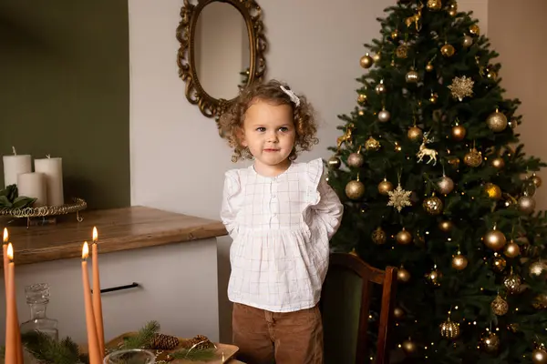 クリスマスの装飾キッチンで自宅にいる若い赤ん坊の女の子 ロイヤリティフリーのストック画像
