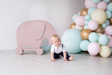 İlk doğum gününde evde takım elbiseli, barfiks pantolonlu ve renkli balonların arka planında bir gömlek ve oyuncak bir fil olan küçük bir çocuk. Aile ve çocukluk kavramı, tatil