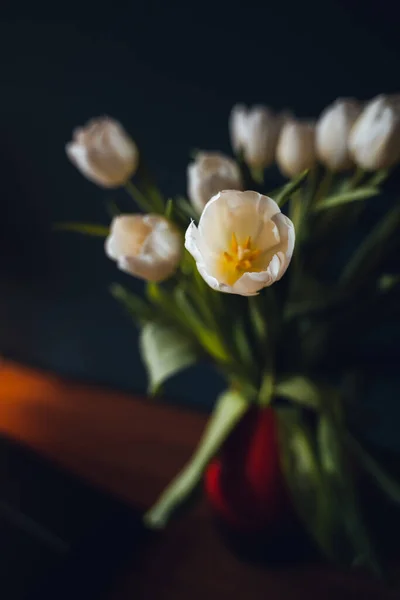 Tulipes Dans Vase Rouge Sur Bureau — Photo