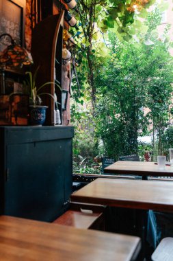 A quaint cafe features wooden tables arranged neatly indoors, surrounded by lush greenery peeking through the windows, providing a calming and inviting atmosphere for patrons. clipart